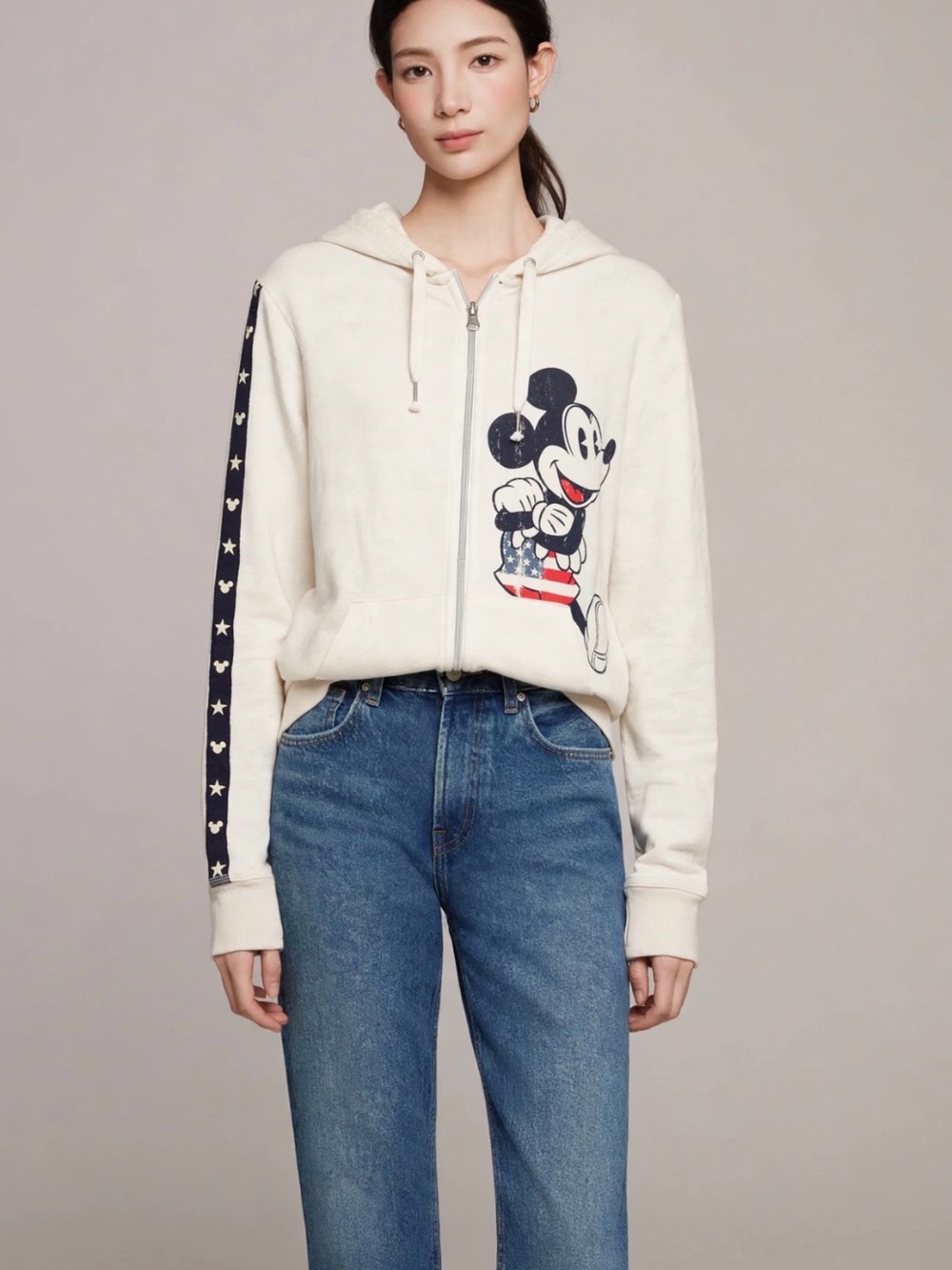 Disney Cream Zip-Up Hoodie with Navy Star-Trim and Mickey Graphic